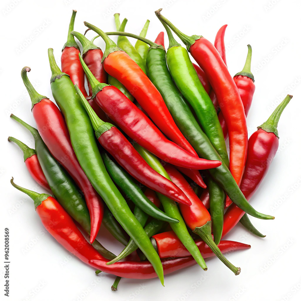 Close up of freshly picked green and red chillies against white background Close up of freshly picked green and red chillies against white background