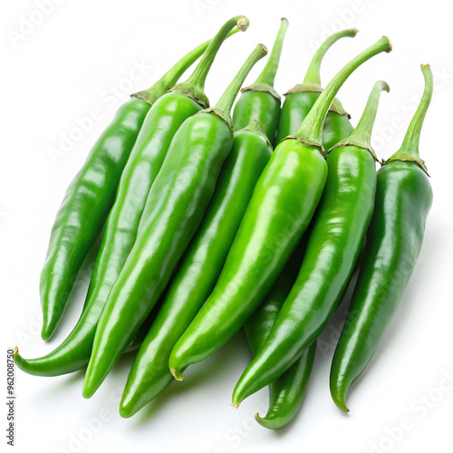 Close up of freshly picked green and red chillies against white background