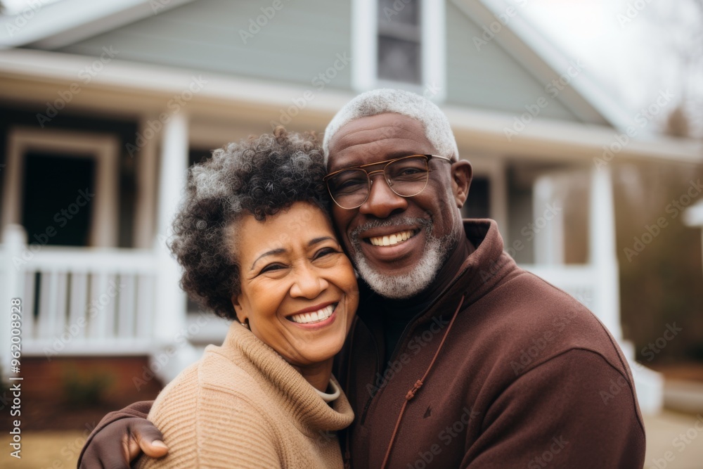 Fototapeta premium Portrait of a smiling senior black couple in front of their house