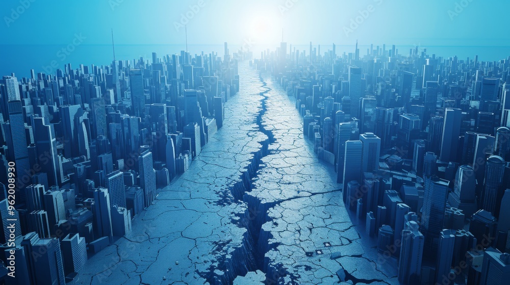 Fototapeta premium A deep fissure runs through a modern cityscape, dramatically splitting the ground under a serene blue sky. This image highlights the vulnerability of urban areas to natural disasters like earthquakes