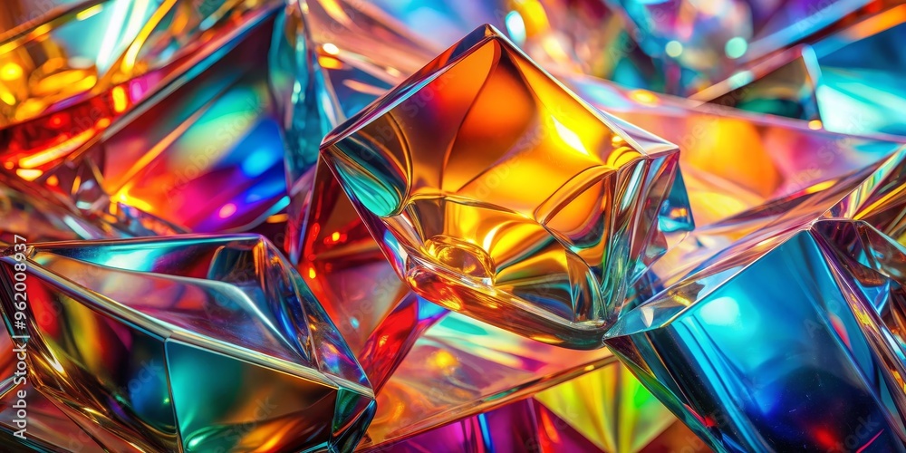 A close-up shot of iridescent glass shards, capturing the vibrant light reflections. The composition highlights a bright orange crystal, while others are subtly blurred A close-up shot of iridescent glass shards, capturing the vibrant light reflections. The composition highlights a bright orange crystal, while others are subtly blurred