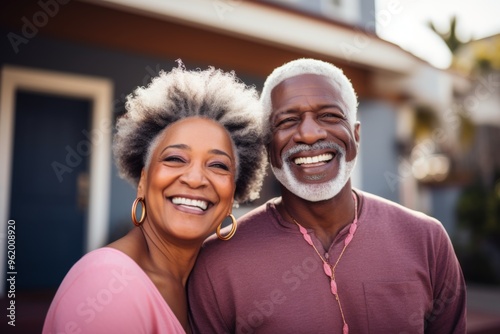 Portrait of a smiling senior black couple in front of their house