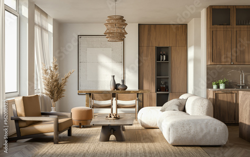 Fototapeta Naklejka Na Ścianę i Meble -  Studio room interior with cooking area, white walls, hardwood flooring and modern wood furniture. Minimalist design, 3d rendering
