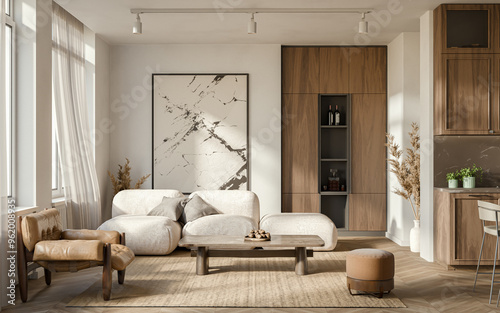 Fototapeta Naklejka Na Ścianę i Meble -  Studio room interior with cooking area, white walls, hardwood flooring and modern wood furniture. Minimalist design, 3d rendering
