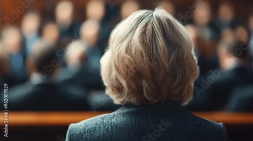 The image captures the back view of an individual with short blond hair addressing a seated, blurred crowd, symbolizing public speaking, leadership, and communication. photo