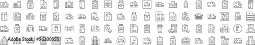 Related Outline Image Set. Contains Icons of Hospital, Ambulance, Pills, Prescription for Banners, Infographics, Books, Articles and Other Types of Design