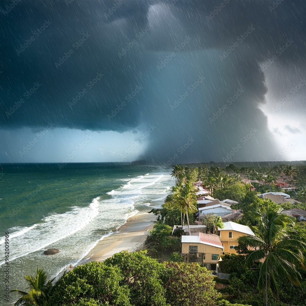 Tropical storm approaching a coastal town, stormy weather, heavy rain ...