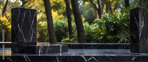 Modern black marble podium with a unique asymmetrical design.