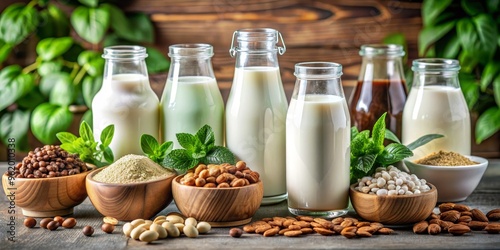 A Variety of Plant-Based Milks with Their Ingredients, milk ,vegan ,nut milk