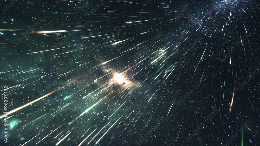 Obraz premium Dynamic cosmic scene featuring vibrant light streaks and space elements, creating a sense of movement and astronomical wonder.