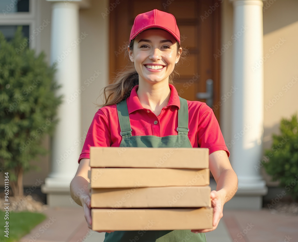 A pizza delivery girl carries a stack of pizza boxes A pizza delivery girl carries a stack of pizza boxes