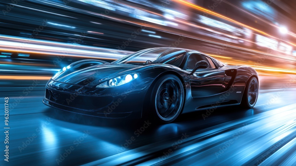 Black Sports Car Speeding Through City Lights Black Sports Car Speeding Through City Lights