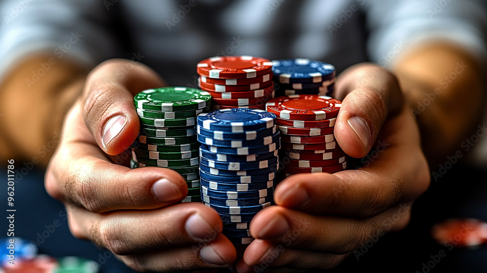 man's hands holding a stack of colorful poker chips, symbolizing risk, luck, gambling, and strategy. The vibrant colors suggest excitement, opportunity, and the thrill of chance man's hands holding a stack of colorful poker chips, symbolizing risk, luck, gambling, and strategy. The vibrant colors suggest excitement, opportunity, and the thrill of chance