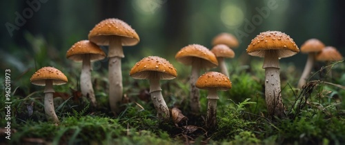 Natural mushrooms grow in forest grass areas. photo