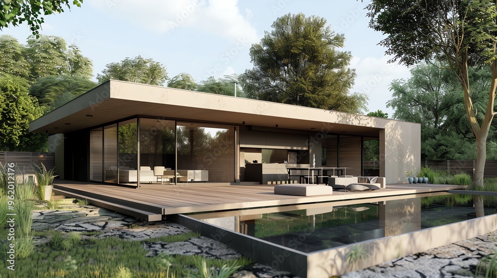 Fototapeta premium A modern house with a pool and patio.