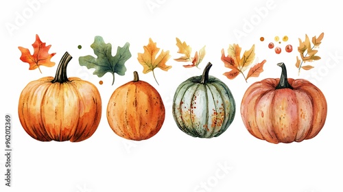 A watercolor illustration featuring four pumpkins with colorful autumn leaves, showcasing a festive and seasonal fall design on a white background. photo