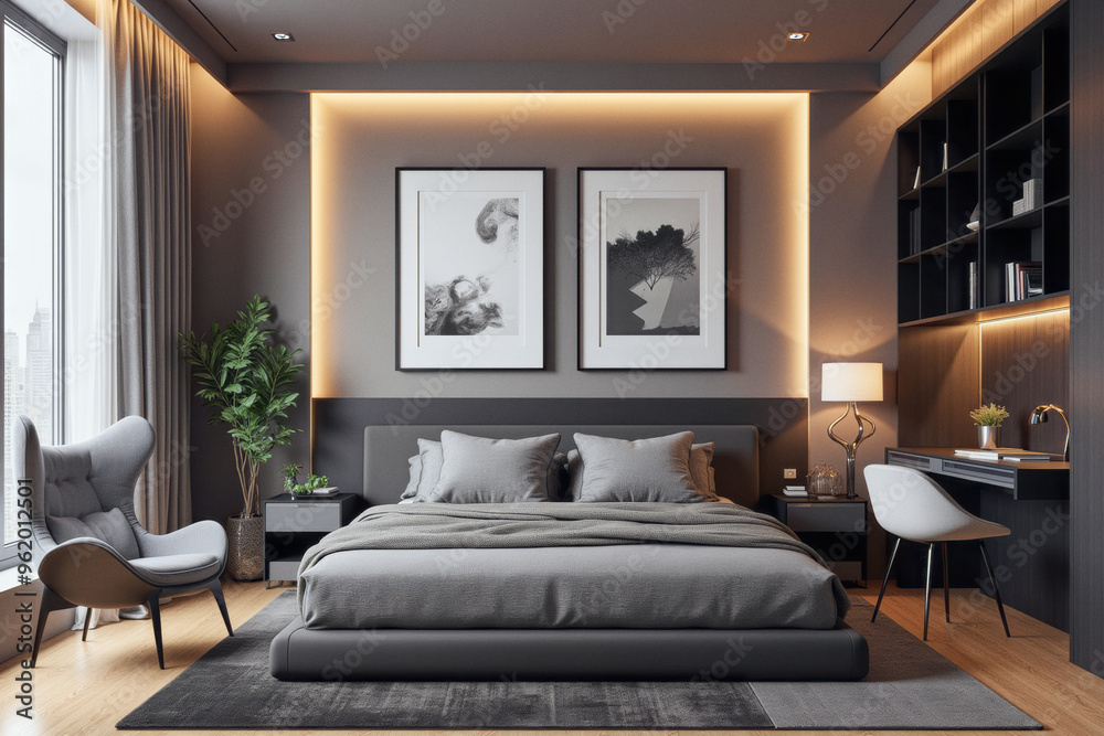 Fototapeta premium photo of a modern apartment bedroom with designer interior and furniture, luxury interior architecture design idea