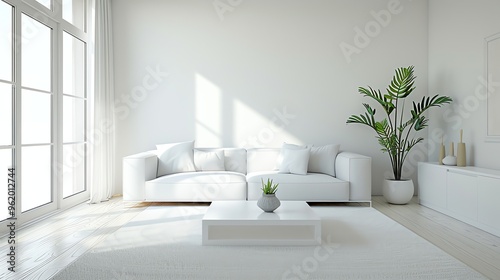 Minimalist white living room with a white sofa, a white coffee table, white curtains, and a plant.