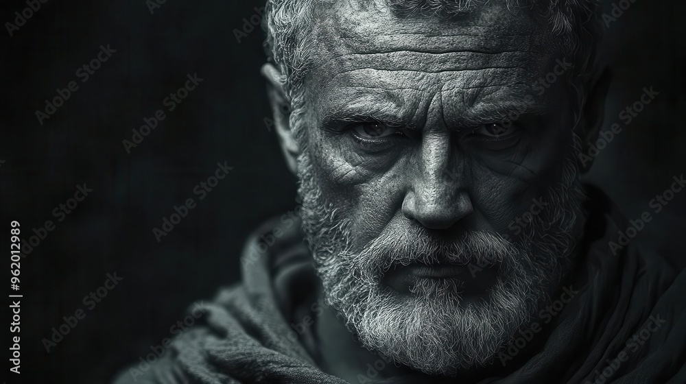 stoic philosopher in chiaroscuro weathered face etched with wisdom eyes piercing the darkness toga draped dramatically in high contrast stoic philosopher in chiaroscuro weathered face etched with wisdom eyes piercing the darkness toga draped dramatically in high contrast