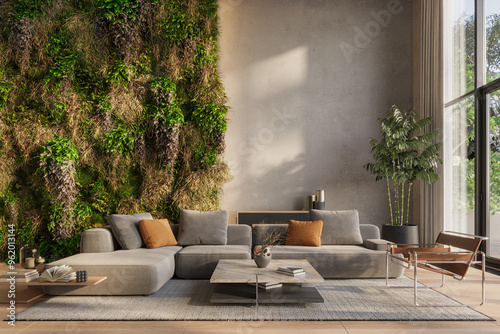 Vertical Green Wall  in modern living room interior with polished concrete walls and modern furnitre, 3d render
 photo