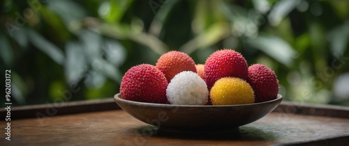 Lychee Fruit Plate with Peeled and Unpeeled Examples Tropical Fruit Concept with Copy Space. photo