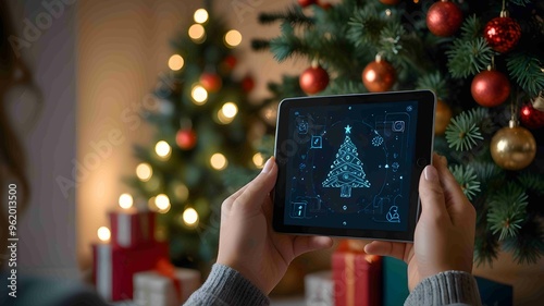 Smart home device displaying Christmas tree design, set against festive background. Generated AI