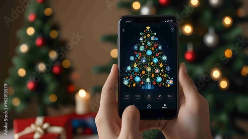 Smart home device displaying Christmas tree design, set against festive background. Generated AI