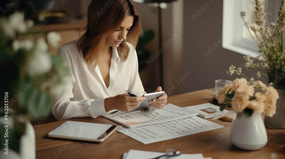 A woman sits at a cluttered desk with a laptop and cell phone, focused on her phone. The desk is filled with papers and a vase of flowers. Ideal for business, work-from-home, or productivity themes. A woman sits at a cluttered desk with a laptop and cell phone, focused on her phone. The desk is filled with papers and a vase of flowers. Ideal for business, work-from-home, or productivity themes.