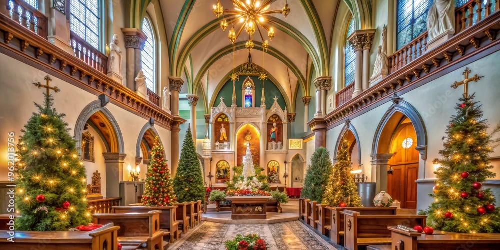 Christmas Lights Illuminate the Altar in a Historic Church, Christmas, church, altar Christmas Lights Illuminate the Altar in a Historic Church, Christmas, church, altar