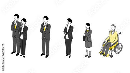 いろいろな人物の全身のイラストセット、スーツ姿の若い男女