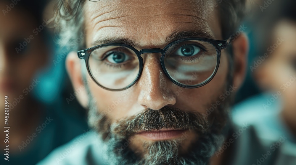 A close-up shot of a man with glasses wearing a serious look. The ...