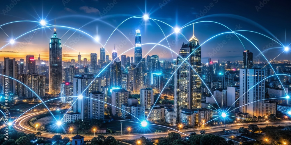 Fototapeta premium Cityscape Connected by Network Lines, Night, Urban, Technology, Innovation ,network, cityscape