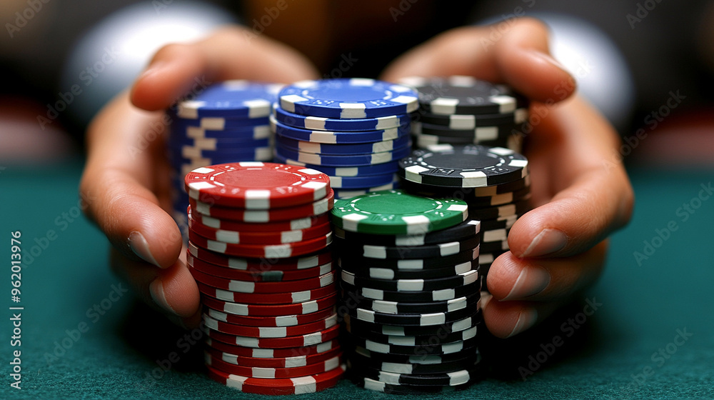 man's hands holding a stack of colorful poker chips, symbolizing risk, luck, gambling, and strategy. The vibrant colors suggest excitement, opportunity, and the thrill of chance man's hands holding a stack of colorful poker chips, symbolizing risk, luck, gambling, and strategy. The vibrant colors suggest excitement, opportunity, and the thrill of chance