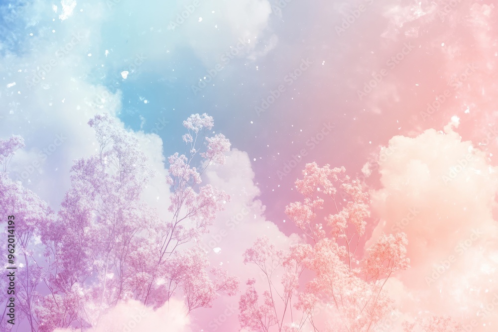 Silhouetted Trees Against a Pastel Sky with Falling Petals Silhouetted Trees Against a Pastel Sky with Falling Petals