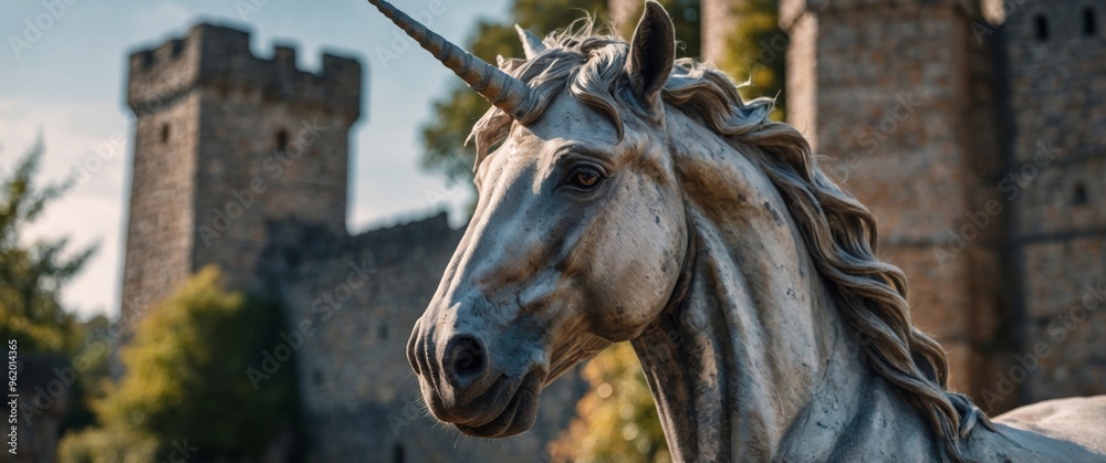 Fototapeta premium Majestic Unicorn in Front of Medieval Stone Castle.