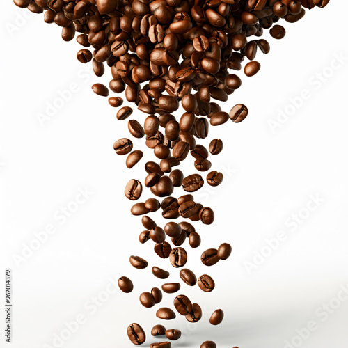 Coffee beans falling down isolated in white backgrouund photo