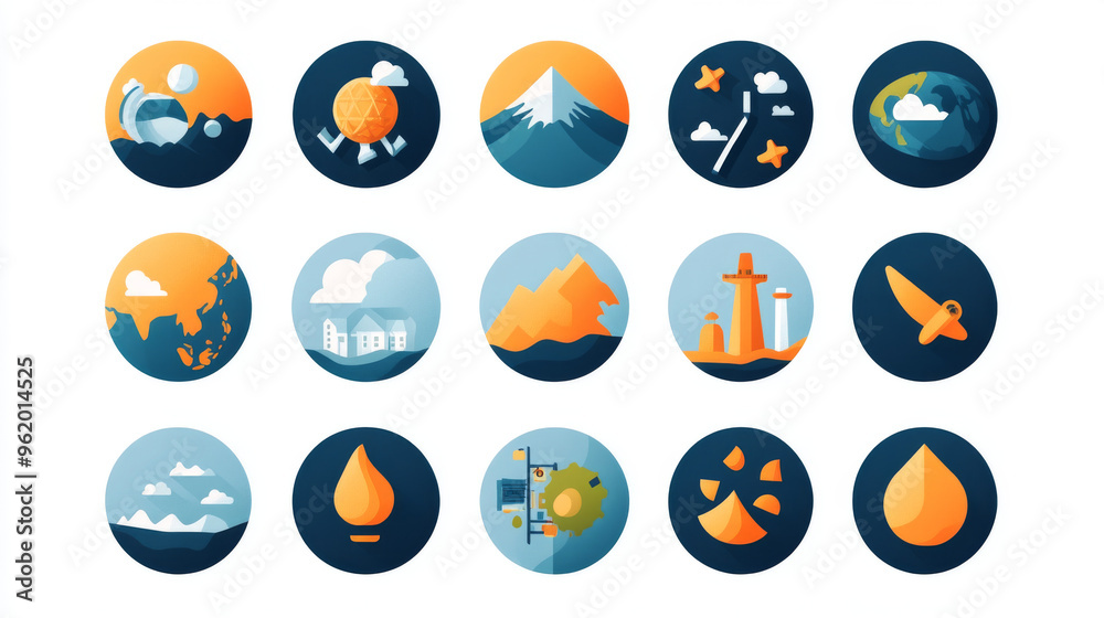 This icon set shows climate change issues like rising temperatures, pollution, and melting ice caps. It's perfect for reports, presentations, or websites. This icon set shows climate change issues like rising temperatures, pollution, and melting ice caps. It's perfect for reports, presentations, or websites.