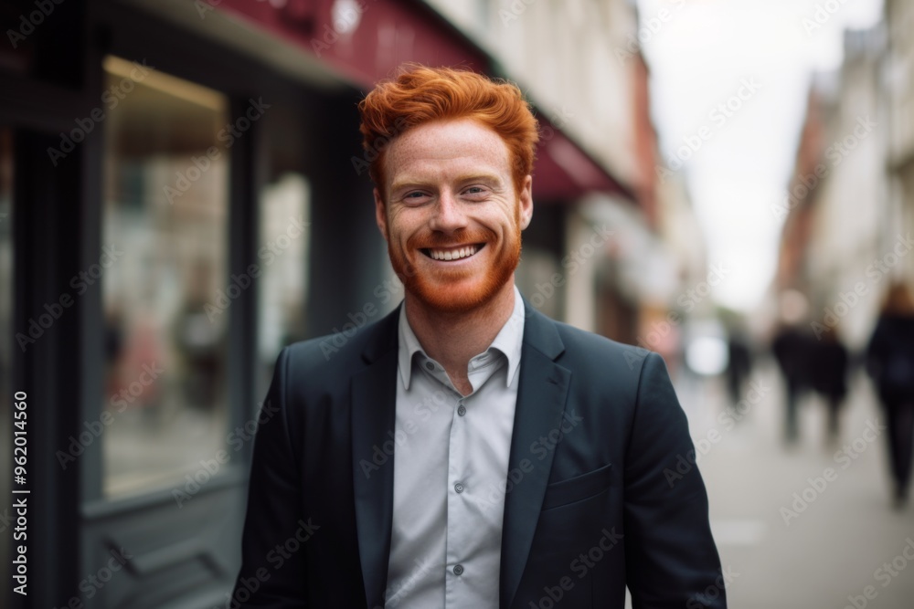 Smiling portrait of a ginger casual businessman in city