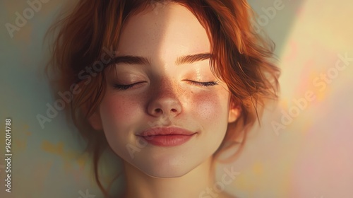 portrait of a person with a content, relaxed expression, featuring closed eyes and a gentle smile. 