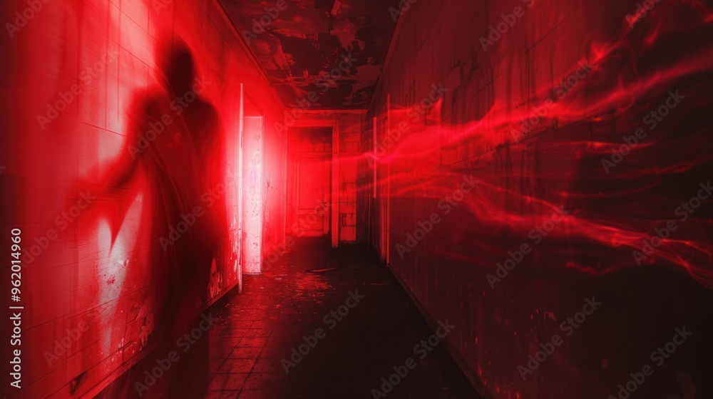 Creepy dirty red ghost figure flying at the end of dark corridor AI generated image Creepy dirty red ghost figure flying at the end of dark corridor AI generated image