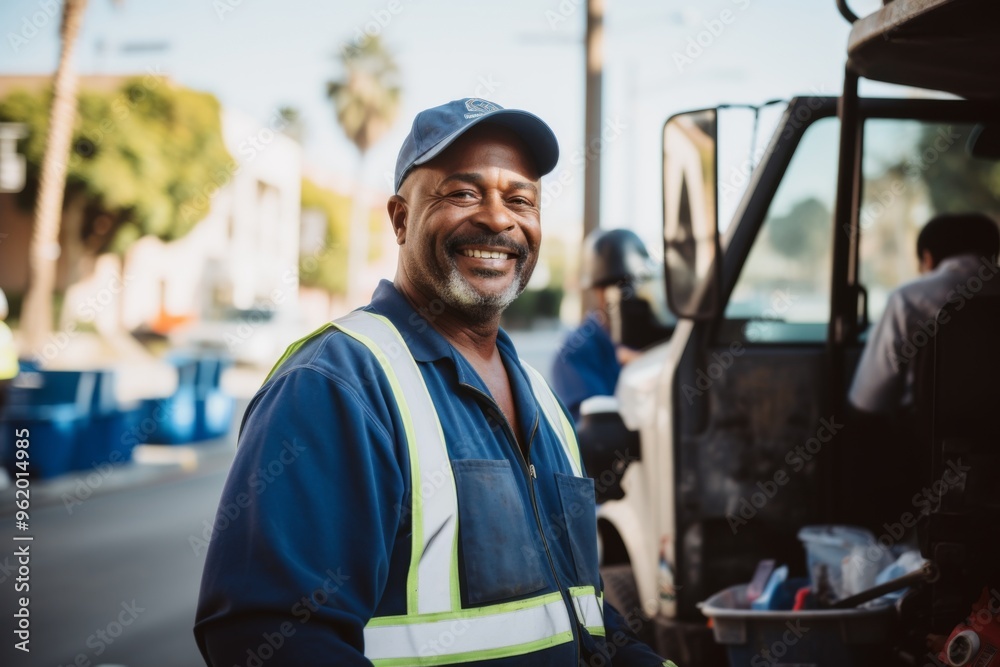 Portrait of a smiling middle aged male sanitation worker Portrait of a smiling middle aged male sanitation worker