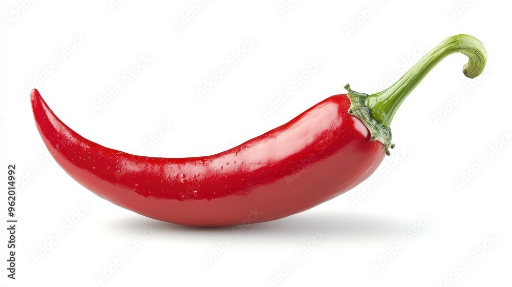 Vibrant Single Red Chili Pepper with Green Stem on White Background, Clipping Path Included for Easy Editing Vibrant Single Red Chili Pepper with Green Stem on White Background, Clipping Path Included for Easy Editing
