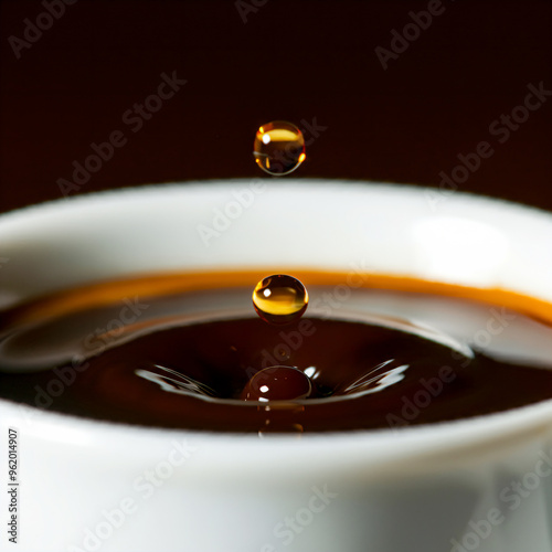 Close up of Espresso dripping into coffee mug brewing coffee isolated in dark background photo