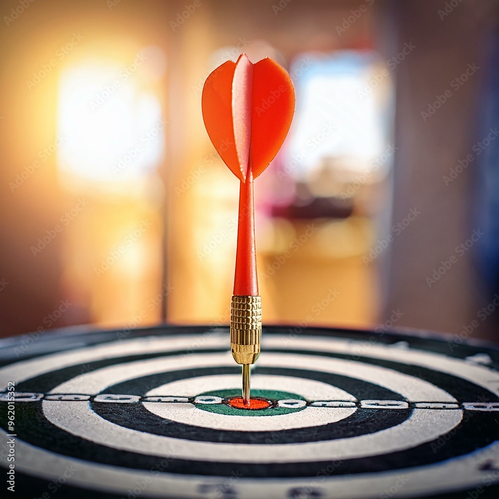 Dart Hitting Bullseye on Dartboard Symbolizing Business Strategy, Profit, and Growth Goals Achievement Concept Dart Hitting Bullseye on Dartboard Symbolizing Business Strategy, Profit, and Growth Goals Achievement Concept