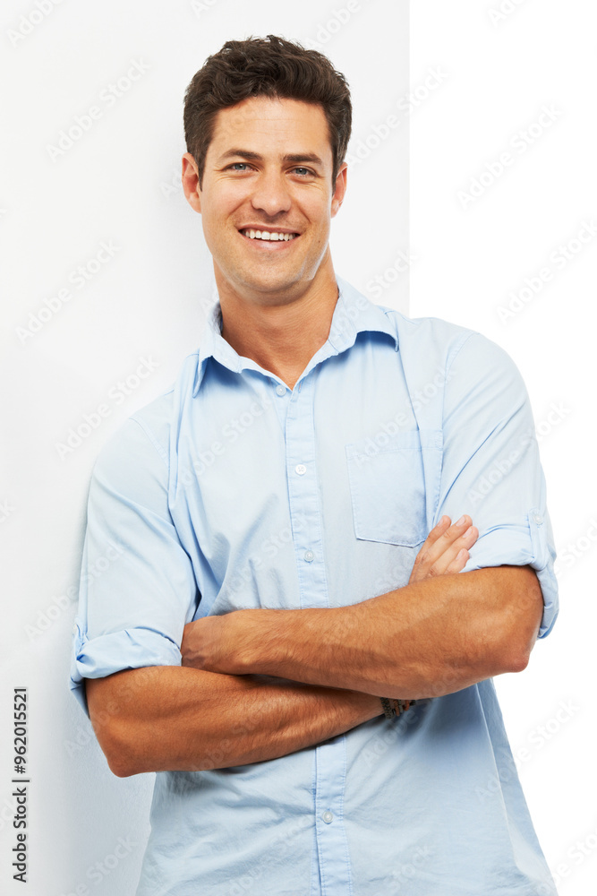 Relax, creative and portrait of man in studio with casual fashion, confidence and smile on wall. Designer, entrepreneur and young professional with arms crossed, pride and white background in Germany