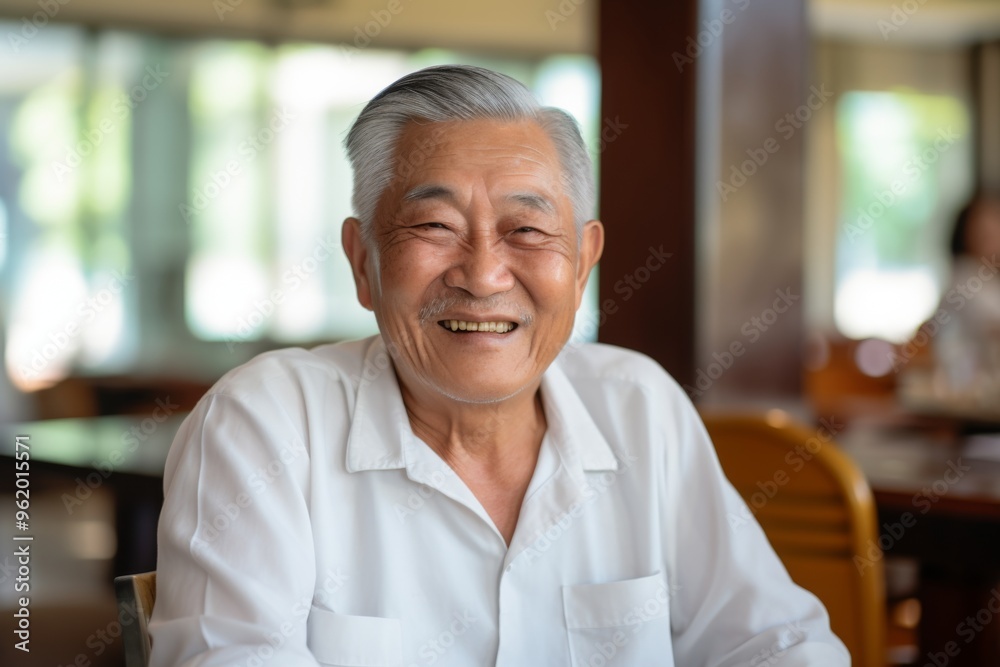 Smiling portrait of a senior Asian man in wheelchair at nursing home
