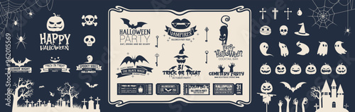 Vintage Halloween logo set. Set of halloween logo templates and design elements for Spooky Party emblems. Prints for t-shirt, typography. Vector