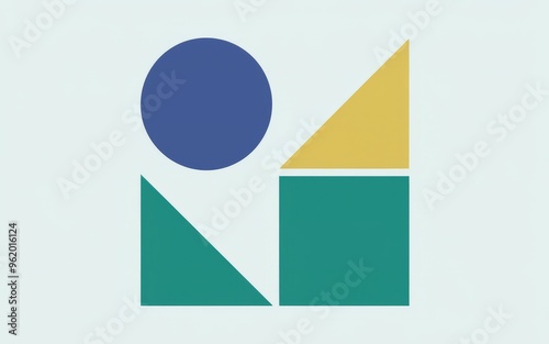 Abstract shapes design. Abstract geometric design with circle, triangle and square shapes in blue, green, and yellow colors.