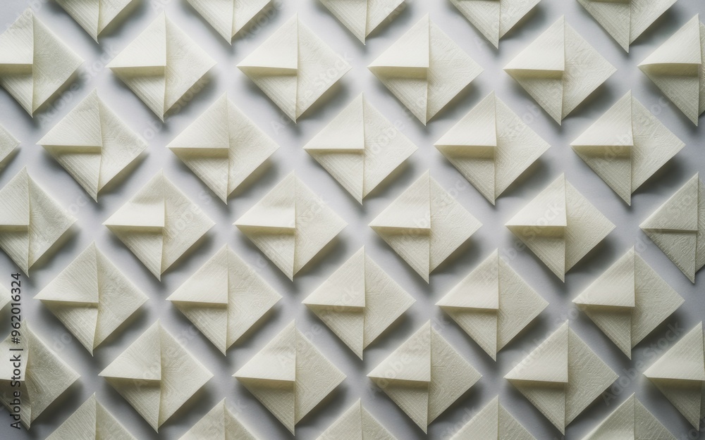 Geometric paper pattern. White paper squares folded into triangles, creating a repeating pattern. Ideal for minimalist design, texture, and geometry. Geometric paper pattern. White paper squares folded into triangles, creating a repeating pattern. Ideal for minimalist design, texture, and geometry.
