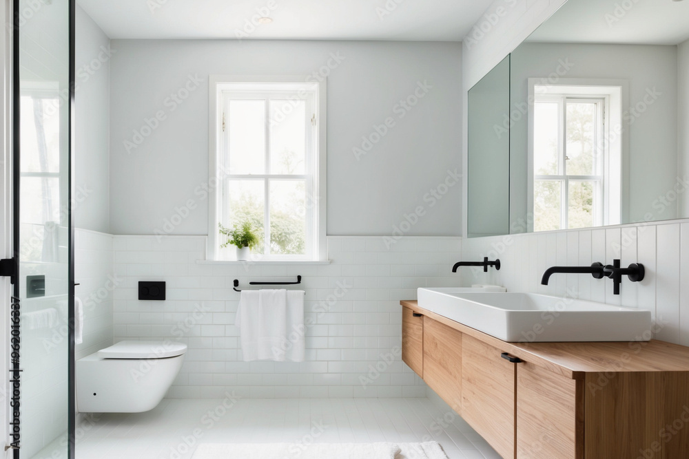 A minimalist bathroom with Scandinavian design, featuring white tiles, a wooden vanity, and sleek fixtures A minimalist bathroom with Scandinavian design, featuring white tiles, a wooden vanity, and sleek fixtures